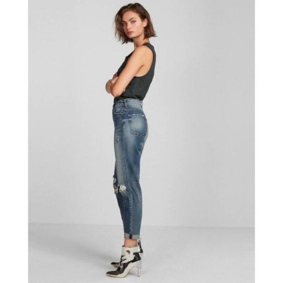 Express Girlfriend High Rise Denim Jeans Women’s SZ 0 in Ripped Medium Wash - Picture 4 of 11